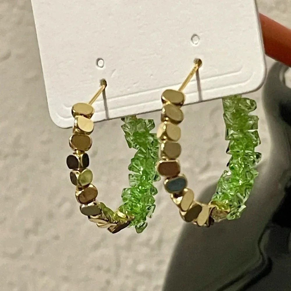 New! Retro Style Copper Crystal Hematite Earrings Green & Gold Huggie